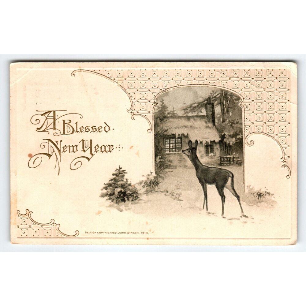 A Blessed New Year Postcard John Winsch Deer Looks At Snow Covered Home 1913
